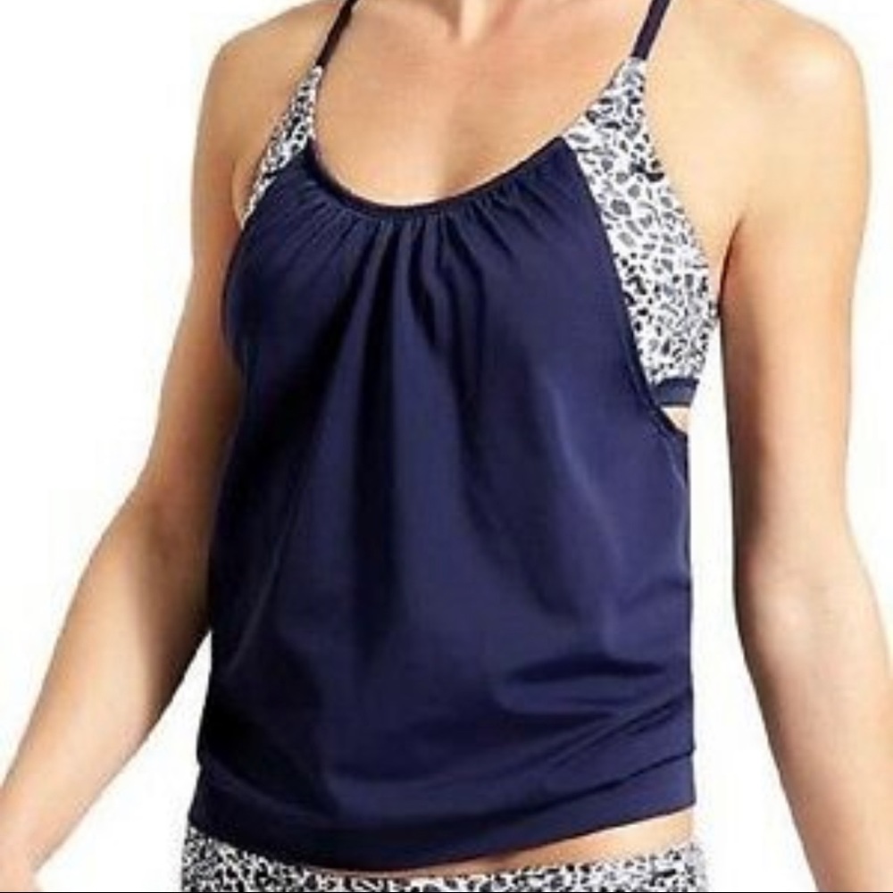Athleta Navy and Leopard Print Swim Top